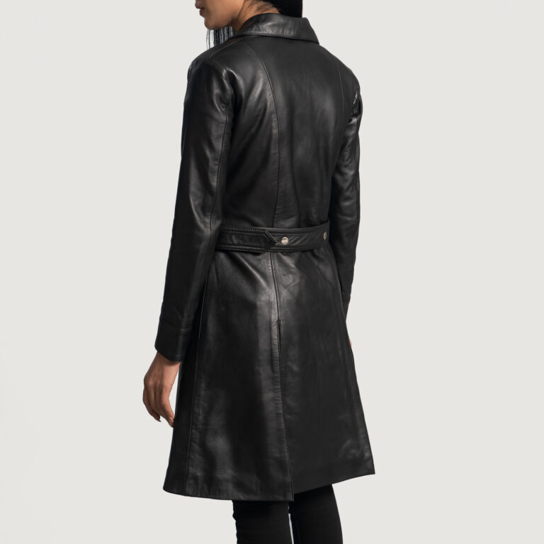 Womens Moonlight Black Leather Trench Coat Tilted Back-8-1664358235045